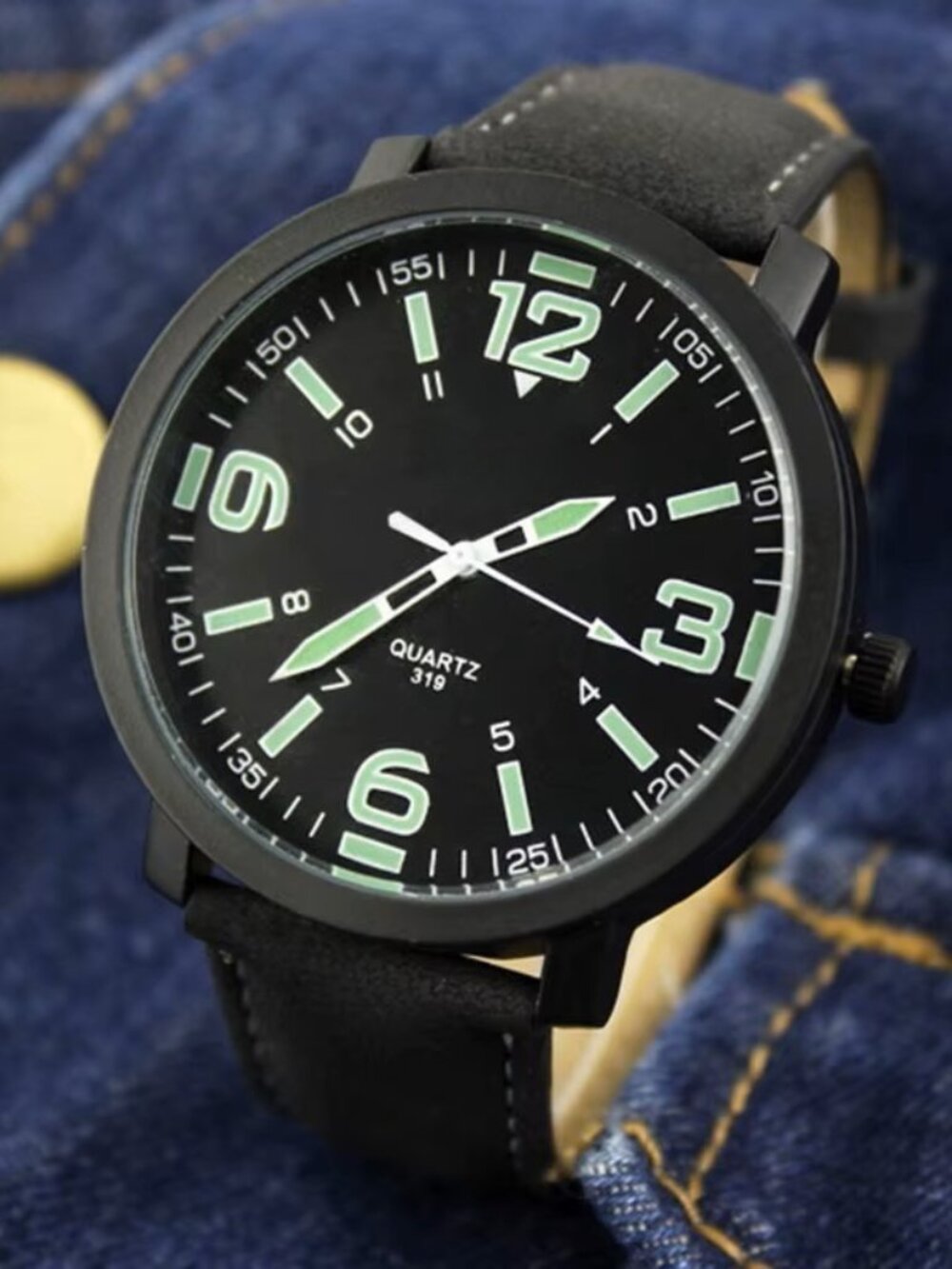 Military Style Luminous Glow Dial Quartz Analog Watch Black Band Black Case Mens